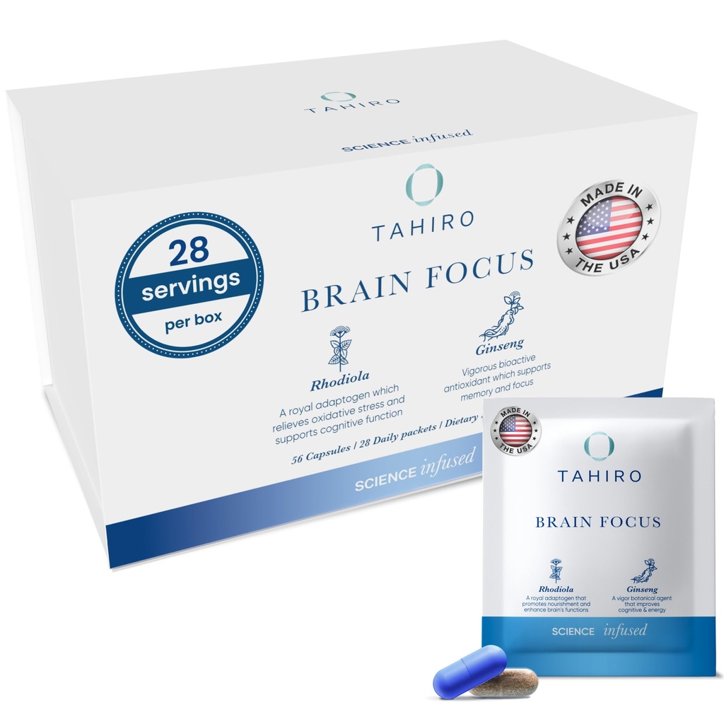 TAHIRO Brain Focus Supplement - Brain Supplements for Memory and Focus - Natural Brain Support Supplement med Gingko Biloba, Panax Ginseng, Herbal Extracts - Non-GMO Vegan Brain Booster - 28 - Pakker