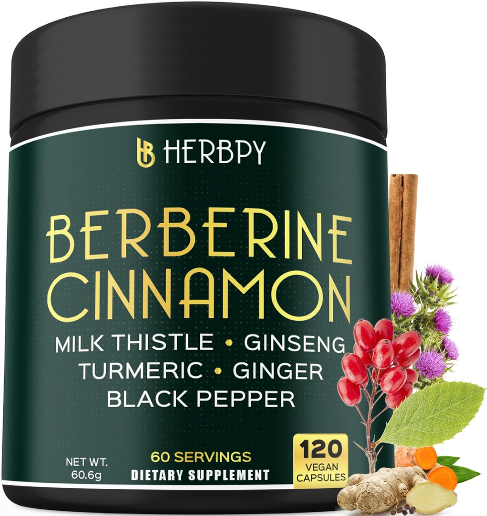 7in1 Premium Berberine og Ceylon kanel til vægthåndtering, fordøjelse, hjerte sundhed & immunforsvar - med Ginseng, gurkemeje, Ingefær, Milk Thistle & Black Pepper - 120 Veganske kapsler