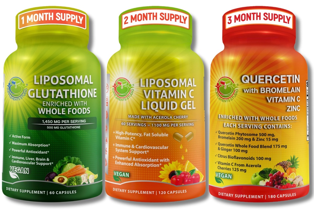 Daglig immun- og antioxidantstøtte Bundle - Liposomal Vitamin C 1100mg Liposomal Gel + Liposomal Glutathione 500mg + Quercetin med Bromelain, Zink & Whole Food Blend - Non- GMO, Maksimal absorption