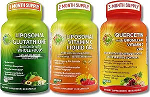 Daglig immun- og antioxidantstøtte Bundle - Liposomal Vitamin C 1100mg Liposomal Gel + Liposomal Glutathione 500mg + Quercetin med Bromelain, Zink & Whole Food Blend - Non- GMO, Maksimal absorption