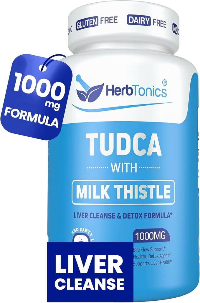 Herbtonics TUDCA 1000mg Lever Detox & Galleblære Support - Milk Thistle & Pterostilbene Forbedret bile salt til lever rense, sund bile flow, og fordøjelsessygdomme (60 Veganske kapsler)