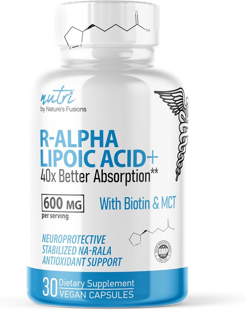 Nutri R Alpha Lipoic Acid 600mg Capsules - R Lipoic Acid Stabilized with Biotin - Active Form of R- ALA - 600 mg Clinical Dosering - Powerful Cellular Energy Support - 30 Vegan Capsules - RALA