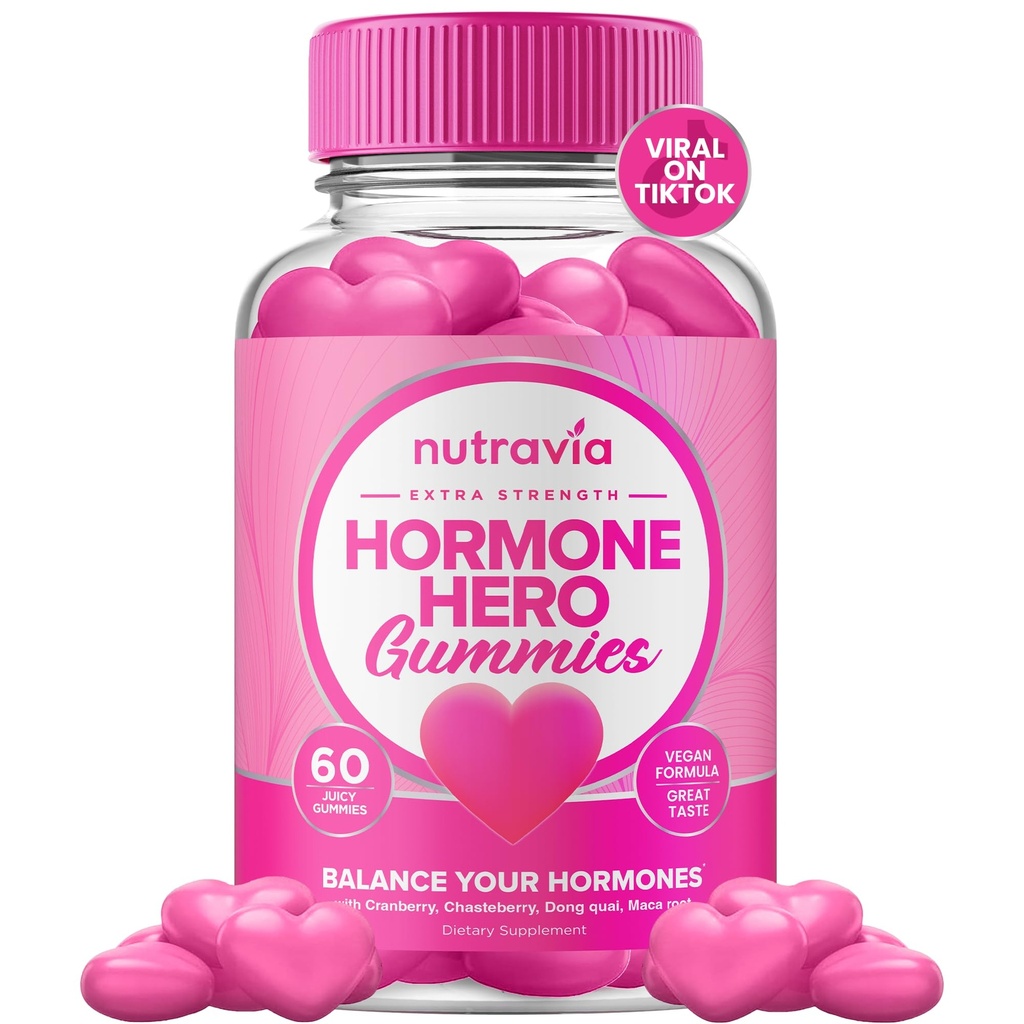 Hormonbalance for kvinder Gummier + PMS Relief supplement - Understøtter Mood Swings, Clear Skin, Reduceret Krampe og Bloating - Hormonal PMS Gummies PCOS Vitamin med Cranberry, Dong Quai (60 Gummies)