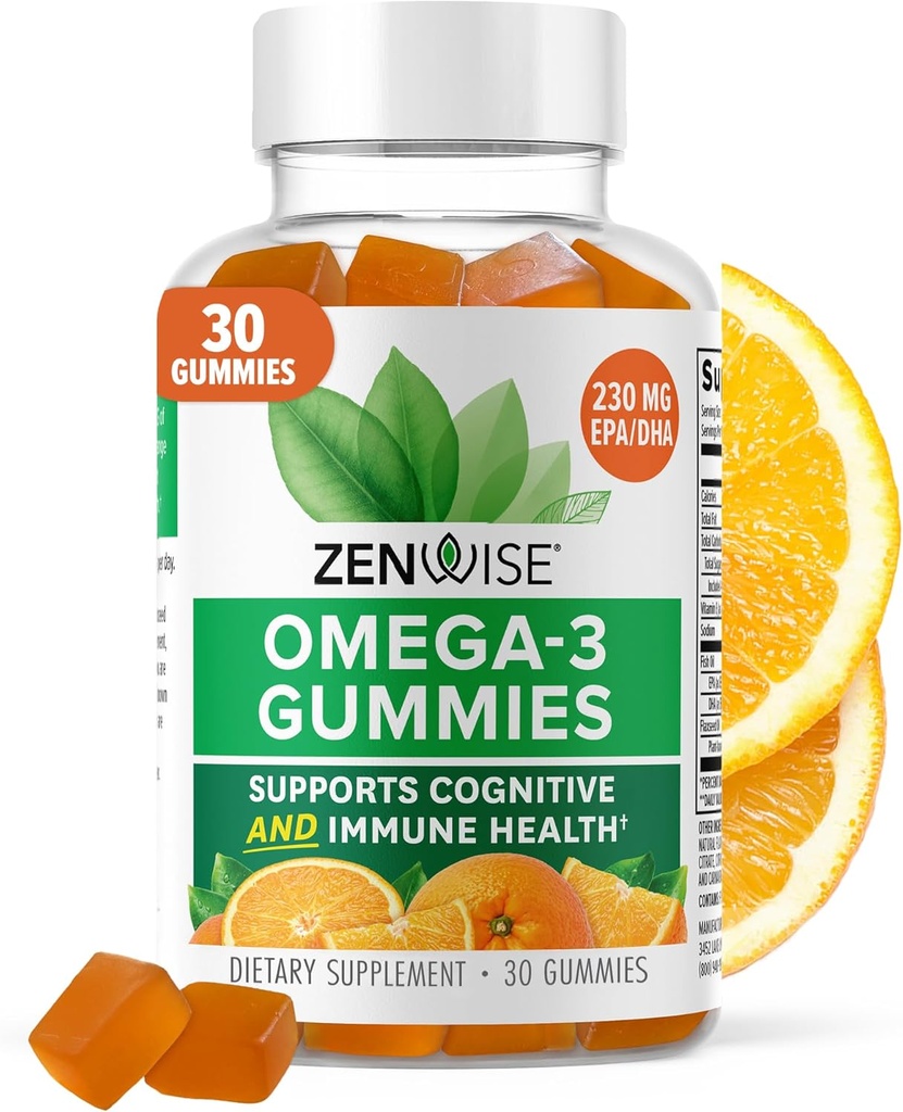 Zenwise Health Omega 3 Gummy Supplement - Burpless Omega 3 Supplement med DHA & EPA Fedtsyrer til immunsundhed - bæredygtigt sødet fiskeolie, hørfrø Olie & Vitamin E - 30 Gummies