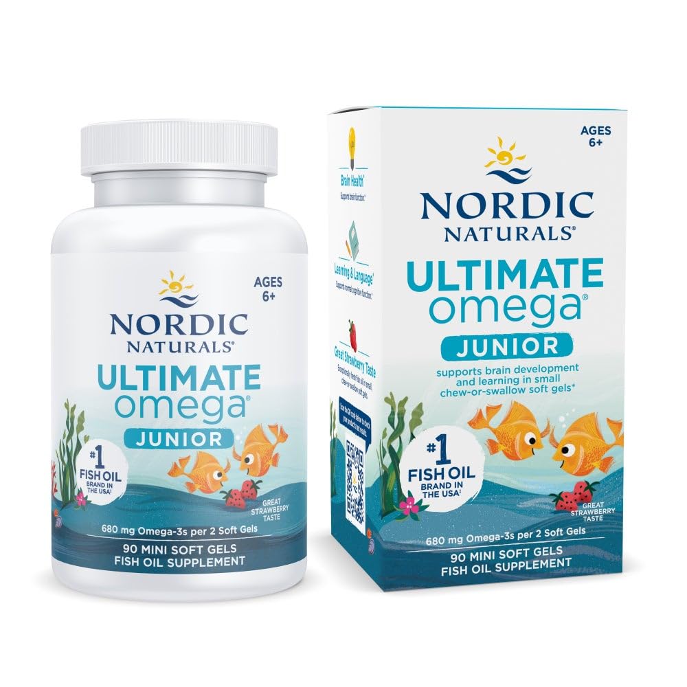 Nordic Naturals Ultimate Omega Jr., Jordbær - 90 Mini Soft Gels - 680 Total Omega- 3s med EPA & DHA - Brain Health, Mood, Learning - Non-GMO - 45 Servering
