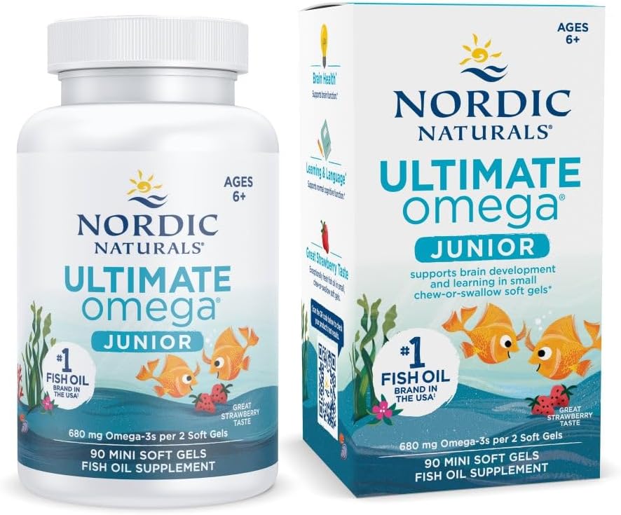 Nordic Naturals Ultimate Omega Jr., Jordbær - 90 Mini Soft Gels - 680 Total Omega- 3s med EPA & DHA - Brain Health, Mood, Learning - Non-GMO - 45 Servering