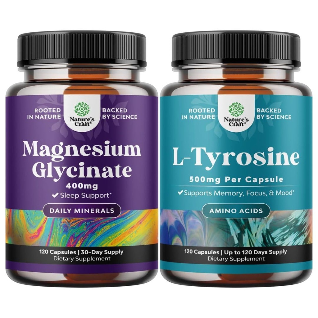 Bundle af Magnesium Glycinat 400mg kapsler og potent L Tyrosine 500mg kapsler - for dvalestøtte Bone Health Muscle Recovery - Amino Acid Nutritional Supplement for Brain Health Thyroid Support