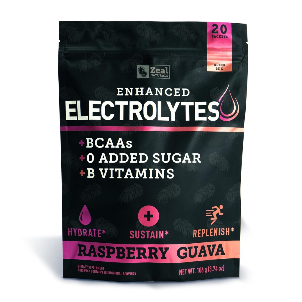 Forstærket electrolyte Powder Stick Packs (Raspberry Guava) w / 0 Sukker + BCAAs + B- Vitaminer Electrolyte Supplement w Kalium Zink & Magnesium for Hydration - Keto Electrolytes