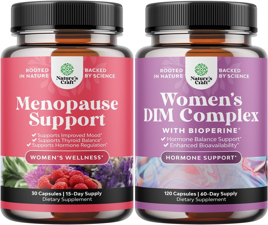 Bundle af komplet herbal menopause supplement til kvinder - Multibenefit menopause Ease Hormone Balance, og Potent DIM supplement til kvinder med DIM og sort pepper menopause support og PMS Relief