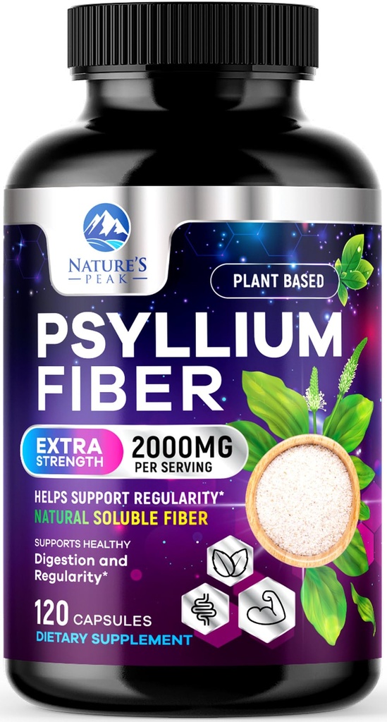 Psyllium Husk Fiber Supplement 1500mg - Vegansk Prebiotic, Opløselig Fiber til daglig fordøjelsesmæssig sundhed & regularitet Support, Natural Psyllium Powder Caps, Sugar- Free, Non- GMO & Gluten- Free - 120 Kapsler