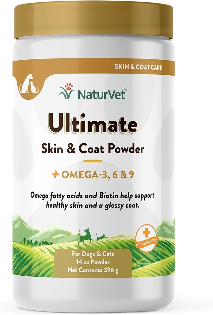 NaturVet Ultimate Skin og Coat Powder Plus Omega 3, 6 og 9 Supplement til hunde og katte, Pulver, Lavet i USA med Globalt kilde Ingredienser 14 Ounce
