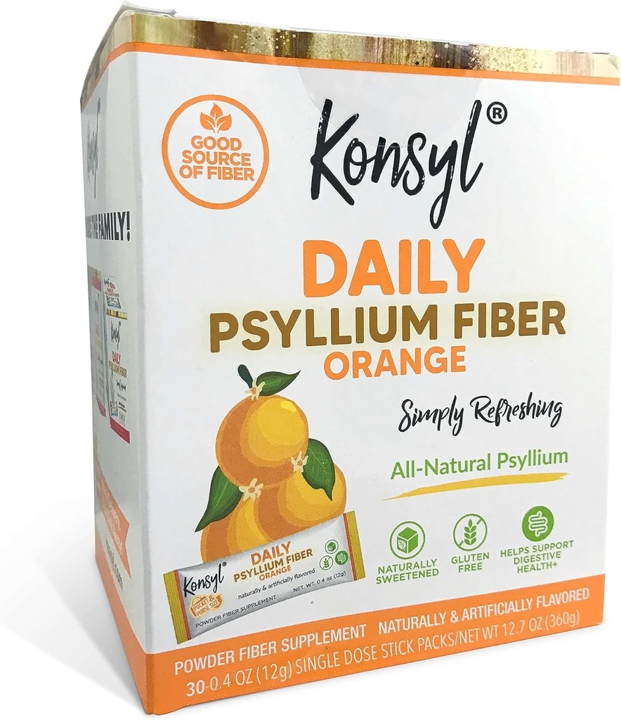 Konsyl Daily Fiber Orange 100% Natural Psyllium Husk Powder - naturligt sødet - Gluten Free - 30 Individuelle Stickpacks