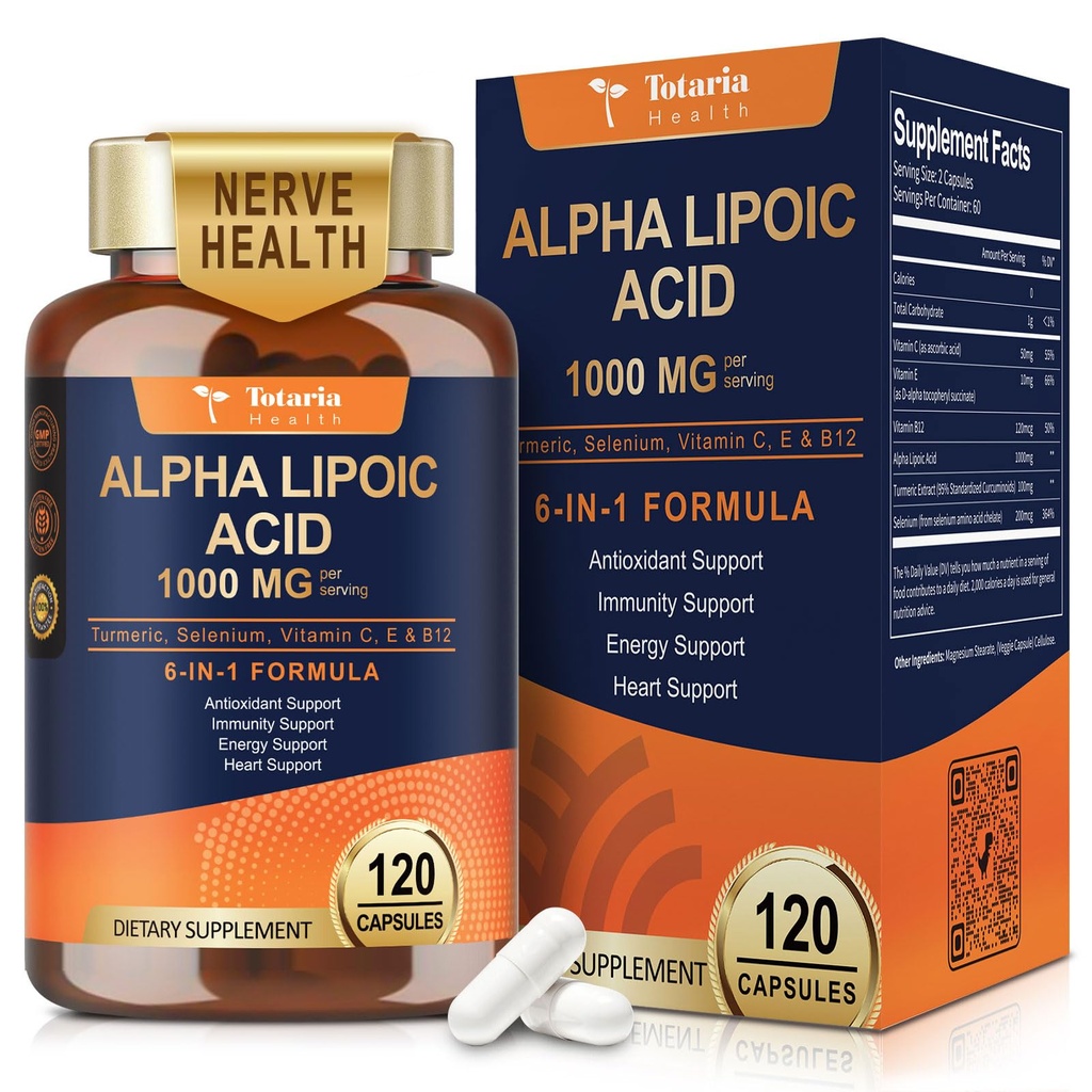 Totaria Alpha Lipoic Acid 1000mg - ALA Supplement Antioxidant for neuropati Support Nerve Health, Lever Detox, Antioxidant, Metabolisme og Cell Energy, Anti-Aging - Non-GMO, Gluten Free, Vegan Safe