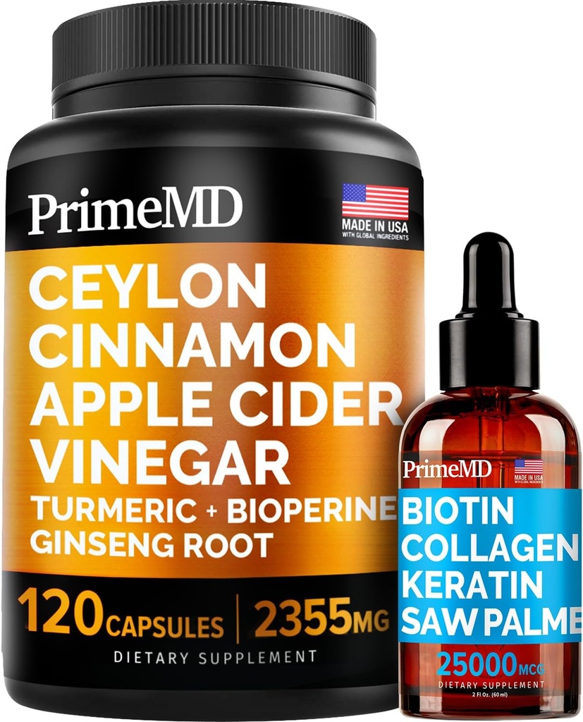 4-in-1 Flydende biotin collagen Keratin Saw Palmetto Drops (2 fl oz - 1 Pack) & 5-in-1 Ceylon Cinnamon w gurkemeje & Ginseng Root (120ct) Bundle - Hår, hud, negle, og immunsupportsupplement
