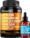 4-in-1 Liquid Biotin Collagen Keratin Saw Palmetto Drops (2 fl oz - 1 Pack) & 5-in-1 Ceylon Cinnamon w Turmeric & Ginseng Root (120ct) Bundle - Hair, Skin, Nails, & Immune Support Supplement