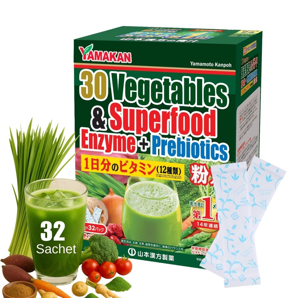 Yamamoto Kanpoh YAMACACAN Naturlige fordøjelsesenzymer med Prebiotic Powder, 12 blandede vitaminer & Super Green Powder Blend, Barley Grass Juice Superfood til Gut Health fra Japan, 32 Pakker