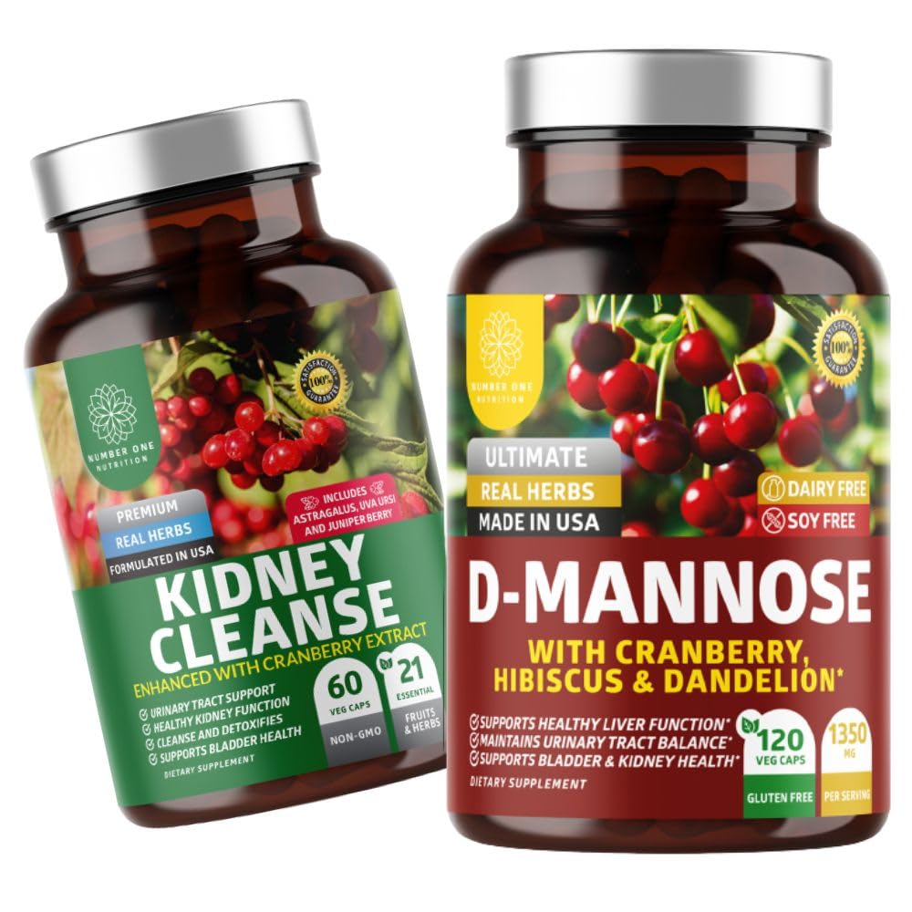 Nummer et N1N Premium D- Mannose [1350mg] med Cranberry & Hibiscus og Nyre Rensning [21 Potent Urter] med Cranberry Extract, Astragalus, Uva Ursi, 2 Pack Bundle