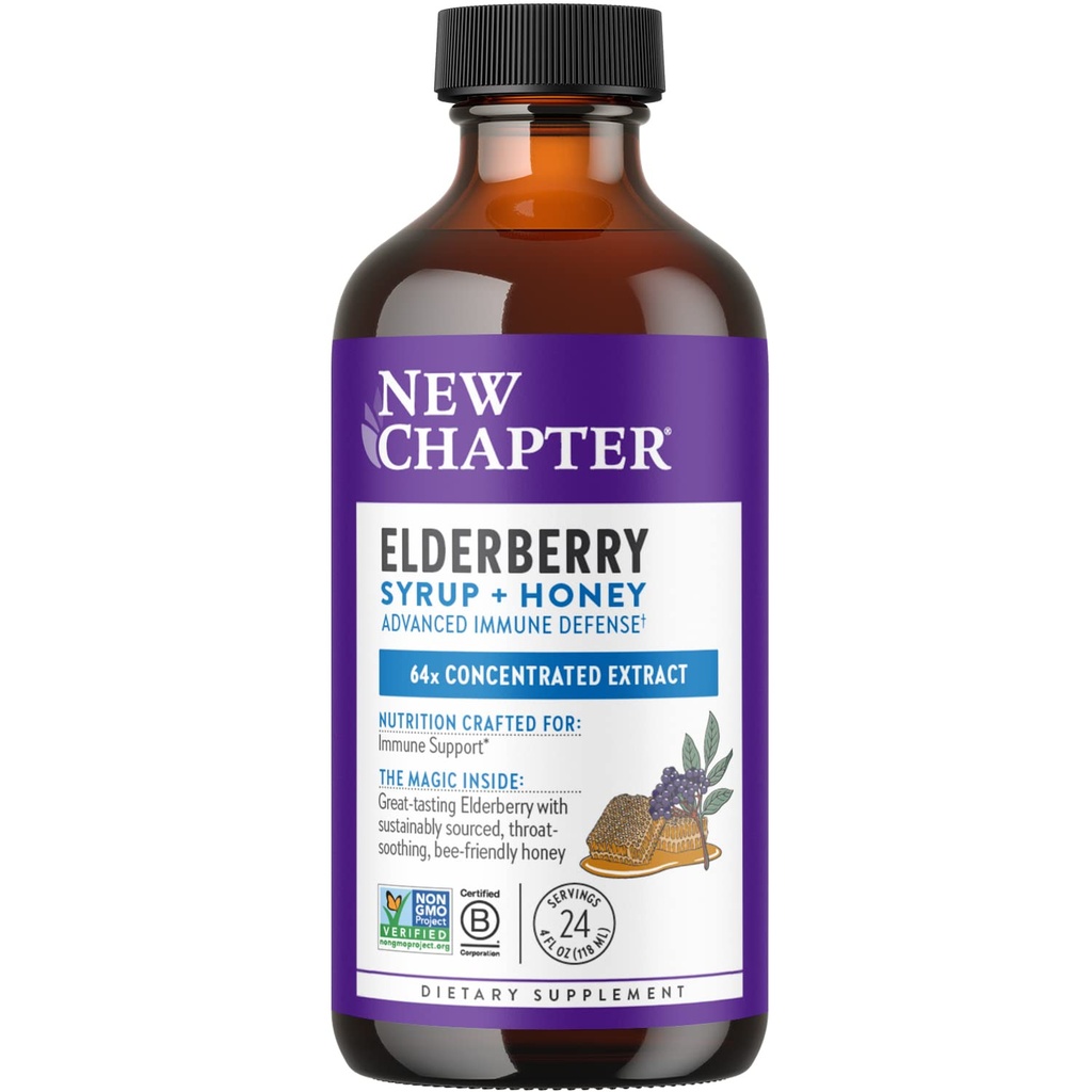 Nyt kapitel Elderberry Syrup, 24 Serveringer, Immunforsvar for voksne & Børn (2 +), 64x Koncentreret Black Elderberry + Thromathing Grade A Honning, Non- GMO projekt Verified, Gluten Free