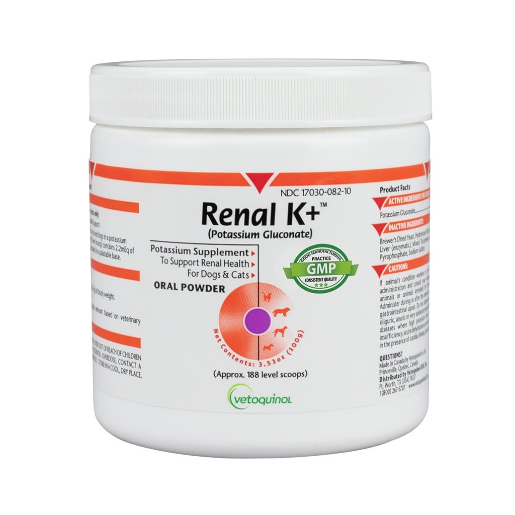 Vetoquinol nyre K + (kaliumgluconat) Kaliumsupplement Pulver til hunde og katte, 3, 5oz