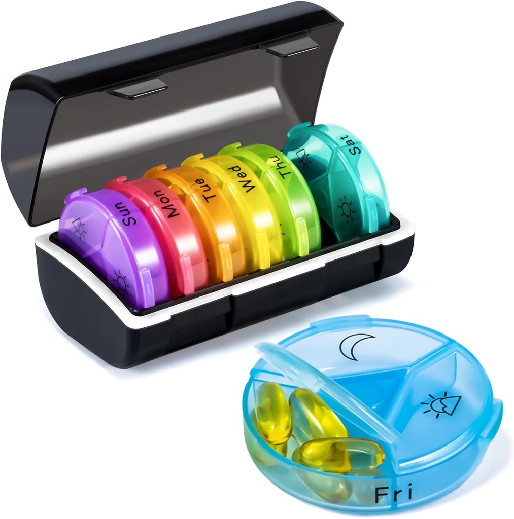 Ugentlig Pill Organizer Medicine Container, Round Pills Cases Organizer 7 Dag 3 gange en dag med store afdelinger, BPA Gratis Medicin Separator Opbevaring til at holde Vitamin, Fiskeolier, supplement