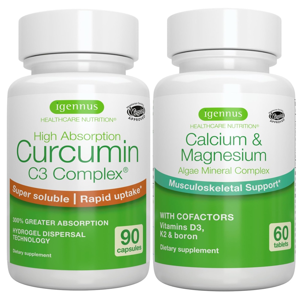 Alger Calcium & Magnesium Complex + høj Absorption Curcumin C3 Complex, Vegan Bundle for Bones, Joints & Recovery fra Motion, af Igennus