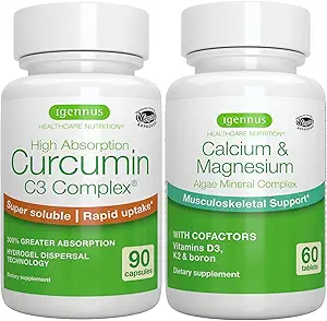 Alger Calcium & Magnesium Complex + høj Absorption Curcumin C3 Complex, Vegan Bundle for Bones, Joints & Recovery fra Motion, af Igennus