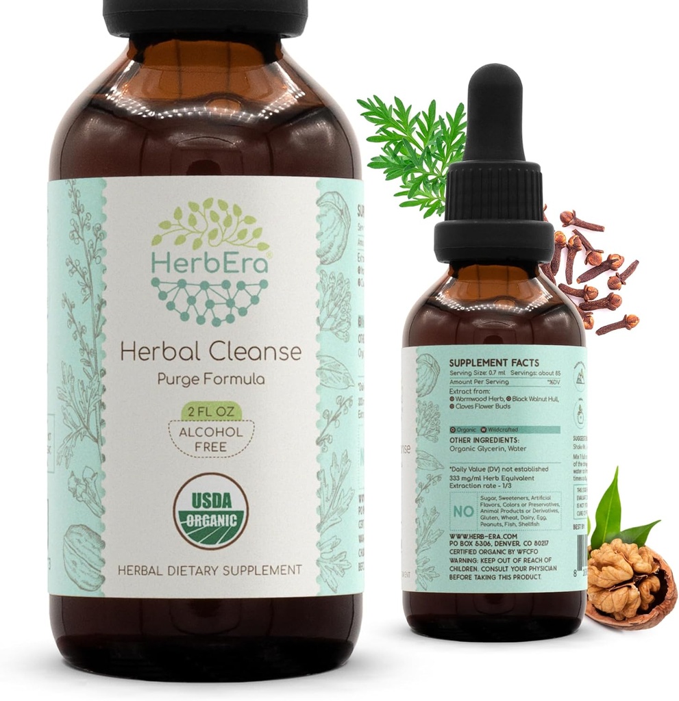 HerbEra Herbal Cleanse Organic Alcohol- Free Tincture Yester124; Detox og Cleanse Formel, Extract Supplement 124; Organic Wormwood Herb, Black Walnut Hull, Cloves Flower Bud Mester124; Rensning Extract (2 fl oz)