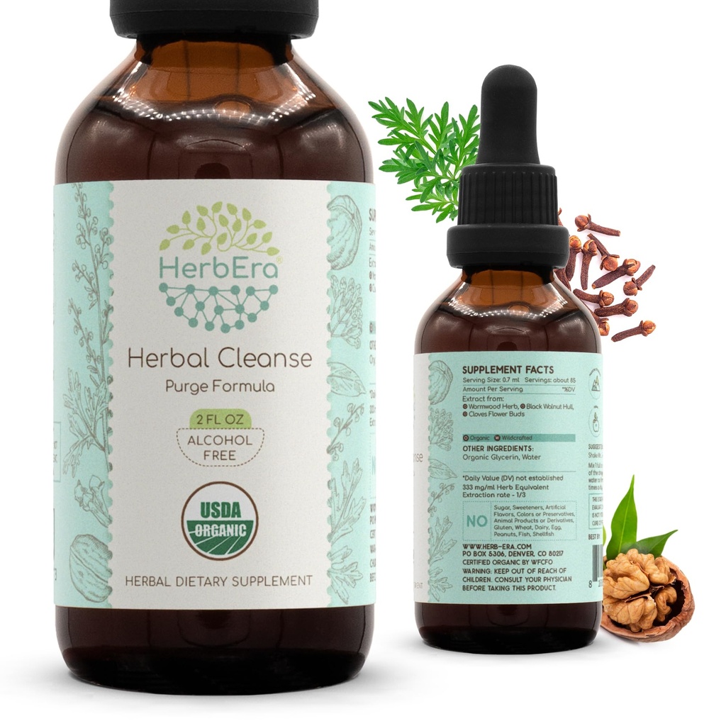 HerbEra Herbal Cleanse Organic Alcohol- Free Tincture Yester124; Detox og Cleanse Formel, Extract Supplement 124; Organic Wormwood Herb, Black Walnut Hull, Cloves Flower Bud Mester124; Rensning Extract (2 fl oz)