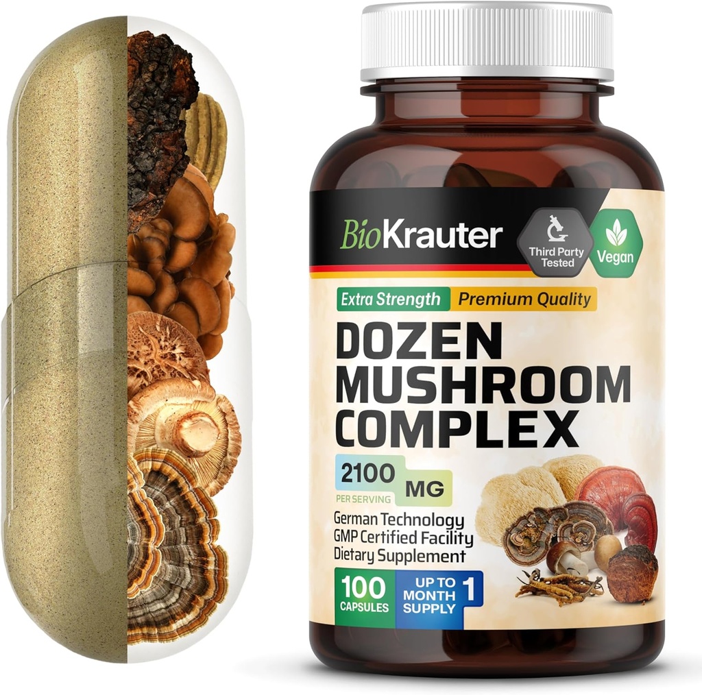 BIO KRAUTER Dozen Mushroom Complex Capsules 2100 mg Blend - 100 Vegan Caps - 12 Udtrækker i én Mushroom supplement til immunforsvar - Lions Mane, Reishi, Cordyceps