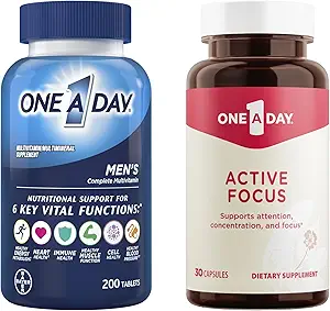 One A Day Bundle - One A Day Multivitamin til mænd 200 Count Tablets og One A Day Active Focus Supplement, 30 kapsler