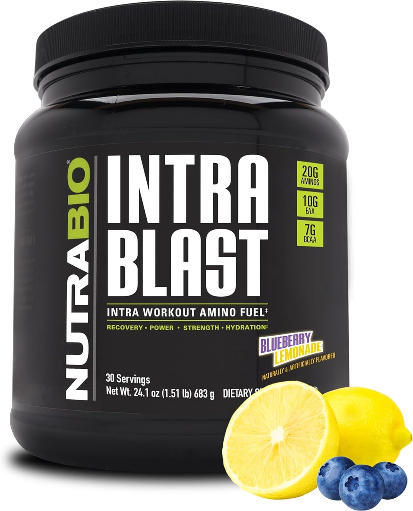 NutraBio Intra Blast Bcaa Powder Aminosyre supplement, Elektrolyte & Hydration Blend, Intra, Pre Workout & Muscle Inddrivelse, 20g Eaa Aminosyrer pulver, 5g Glutamin- Blueberry Lemonade, 30 Servering