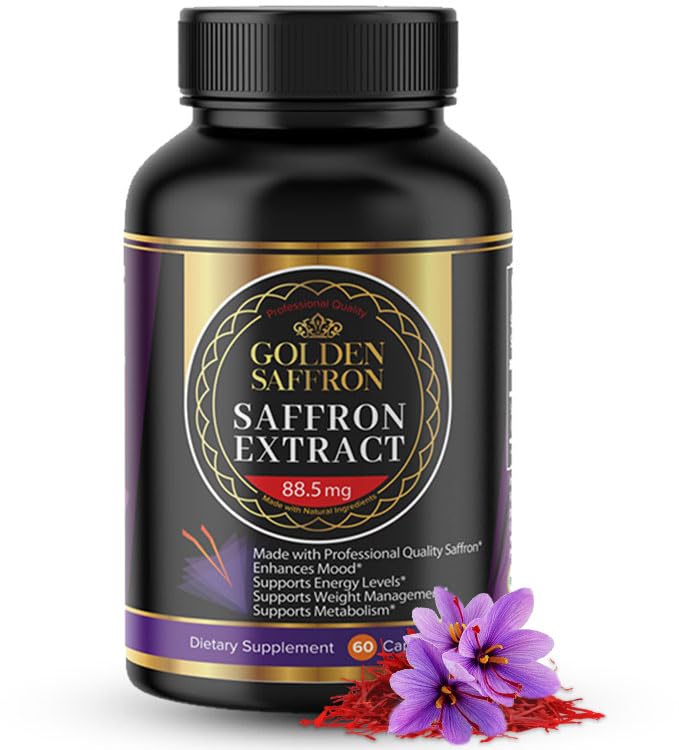 Golden Saffron Saffron Extract Kapsler - Premium Saffron Kosttilskud - 88,50 mg Pure Saffron Pills - Mood Support - Eye Support - Følelsesmæssig balance, Focus & Eye Health Made in USA - 60 Kapsler