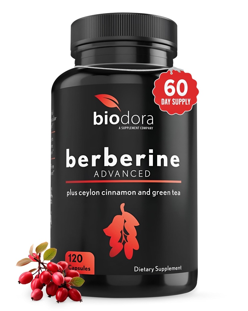 Berberine Advanced Plus med 1200mg Berberine - 100mg Ceylon Cinnamon og 100mg Green Tea Extract - 1400mg per dosis - 120 kapsler - 60 dages forsyning - understøtter immunforsvar og kardiovaskulær