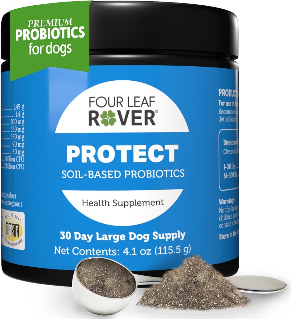 Four Leaf Rover Protect - Probiotika til hunde - Veterinarian Formuleret - med naturlige Prebiotika og antioxidanter - Afgiftning & Gut Sundhed - 30 Dag Stor Hund Supply