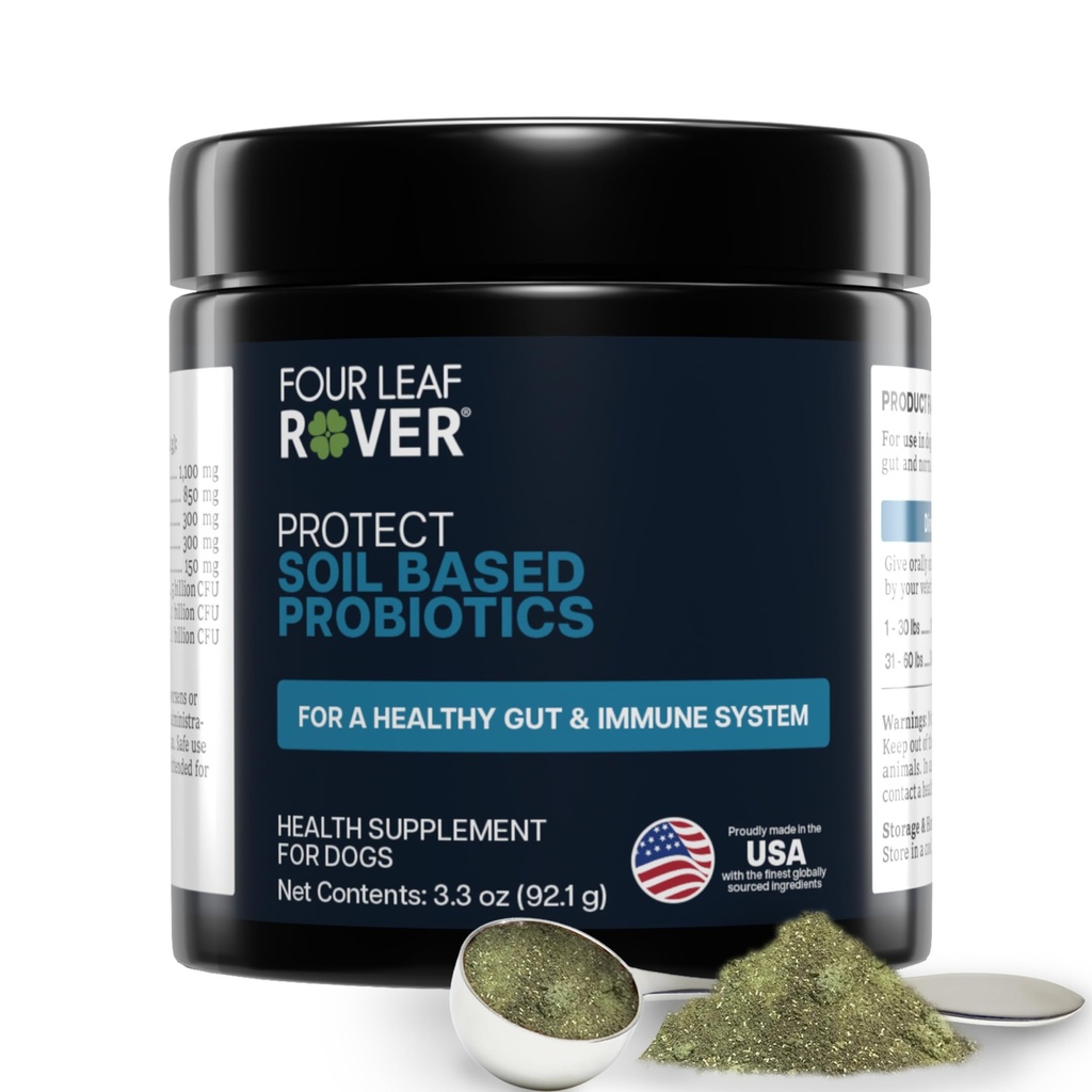 Four Leaf Rover Protect - Probiotika til hunde - Veterinarian Formuleret - med naturlige Prebiotika og antioxidanter - Afgiftning & Gut Sundhed - 30 Dag Stor Hund Supply