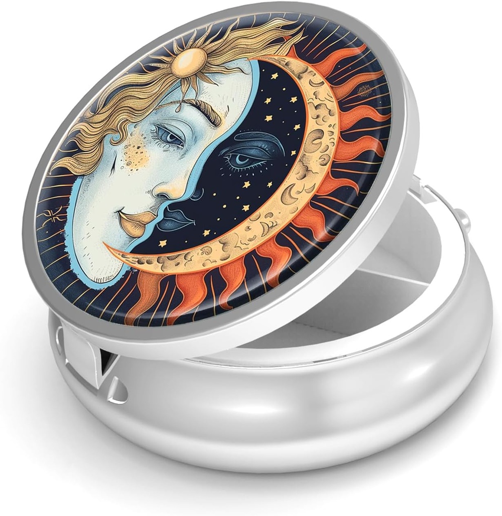 Pill Box-3 Segment Lille Pill sag for purse & Pocket Mini Metal Pill Holder Travel Pill Container til at holde kosttilskud Vitaminer BPA- Gratis (Sun og Moon)