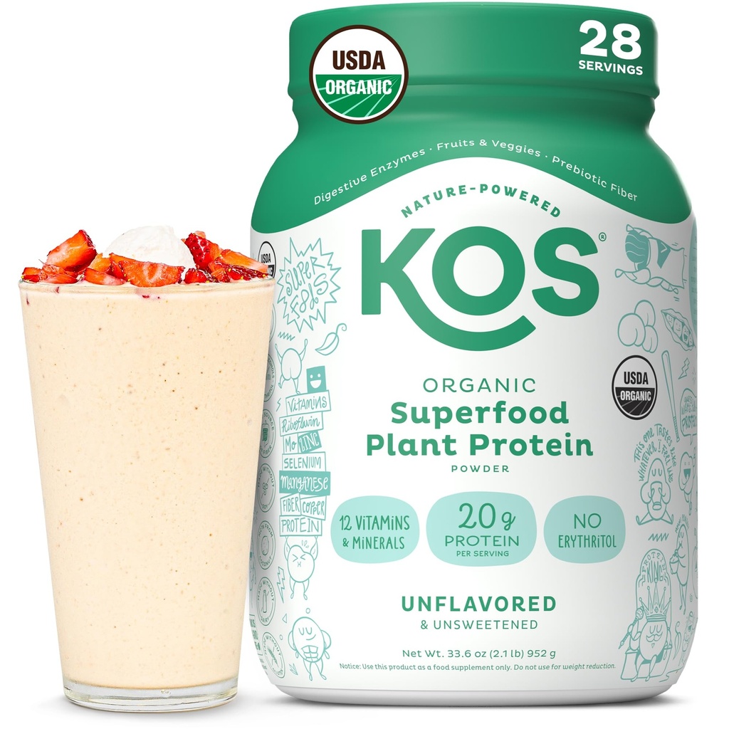 KOS Vegan Protein Powder, Unflavored & Unsweeened - Low Carb Pea Protein Blend, Organic Superfood Rich in Vitamin & Minerals - Keto, Soy, Dairy Free - Meal erstatning for kvinder & mænd - 28 Servering