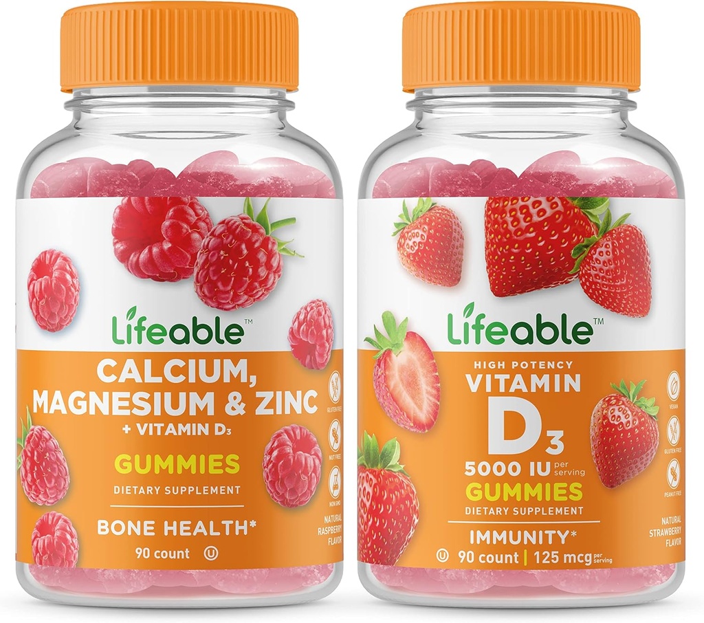 Lifeable Calcium, Magnesium, Zink & Vitamin D + D-vitamin 5000 IE, Gummies Bundle - Great Tasting, Vitamin Supplement, Gluten Free, GMO Free, Chewable