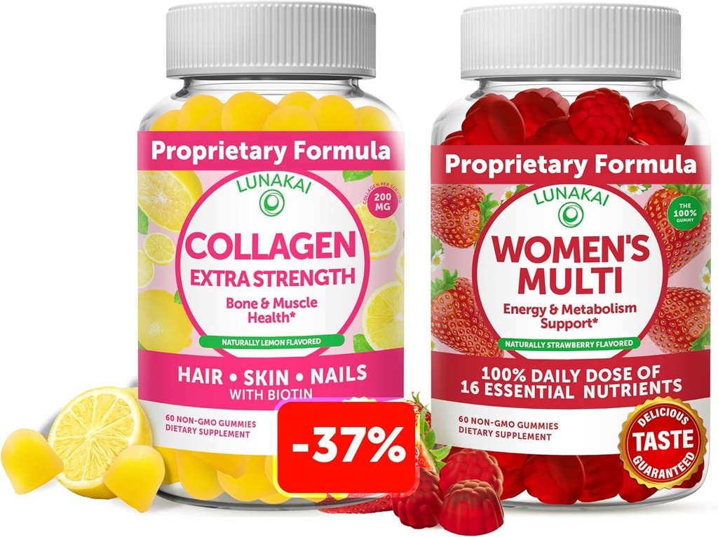 Lunakai Collagen og kvinders Multivitamin Gummies Bundle - Ikke-GMO Anti Aging Kosttilskud med biotin, zink, C-vitamin og E - 100% daglig værdi af 16 essentielle vitaminer og mineraler - 30 dages forsyning