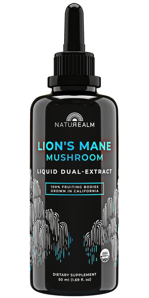 Natureals Lions Mane Mushroom Liquid Tinktur Supplement - Fokus, Hukommelse & Hjerne Sundhed, Vegan, Non- GMO - Organic Fruiting Bodies, 1 Måned Supply