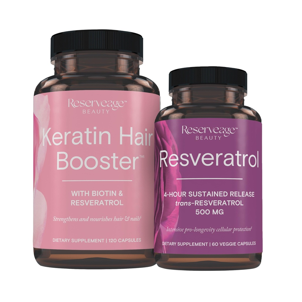 Reserveage Nutrition Keratin Hår Booster med Biotin & Resveratrol, Hår og Nail vækst Supplement, 120 Kapsler (60 Servere) & Resveratrol 500 mg, Understøtter sund aldring og immunsystem