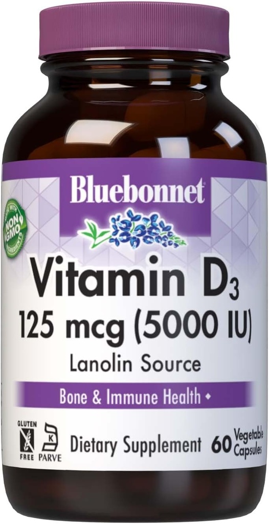 Bluebonnet Nutrition Vitamin D3 5000 IE Vegetabilsk Capsule, Aids in Muscle & Skeletal Growth, Cholecalciferol from Lanolin, D3, Non GMO, Gluten Free, Soy Free, Milk Free, Kosher, 60 Greve