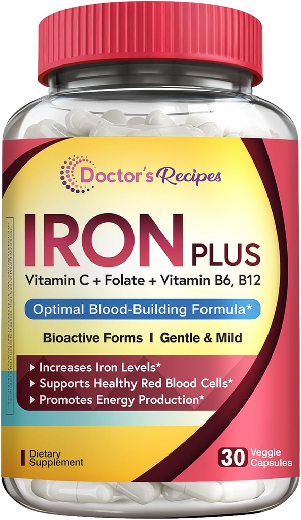 Lægens Opskrifter Jern supplement til kvinder Mænd - Gentle Iron Bisglycinate med C-vitamin, B6, Folate & B12 - Non- Forstoppelse & Mave Friendly Iron Pills for Blood & Energy Support, 30 Vegansk Caps