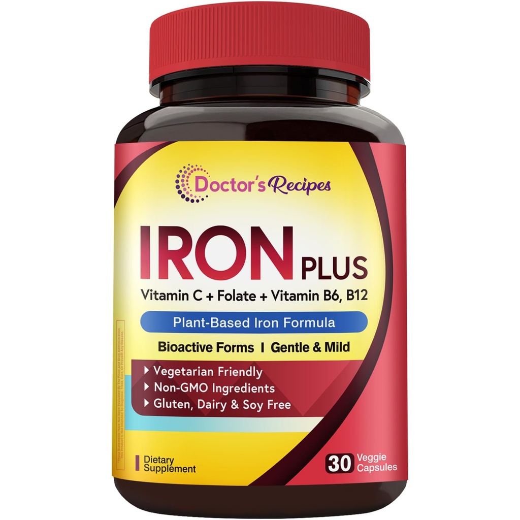 Lægens Opskrifter Jern supplement til kvinder Mænd - Gentle Iron Bisglycinate med C-vitamin, B6, Folate & B12 - Non- Forstoppelse & Mave Friendly Iron Pills for Blood & Energy Support, 30 Vegansk Caps