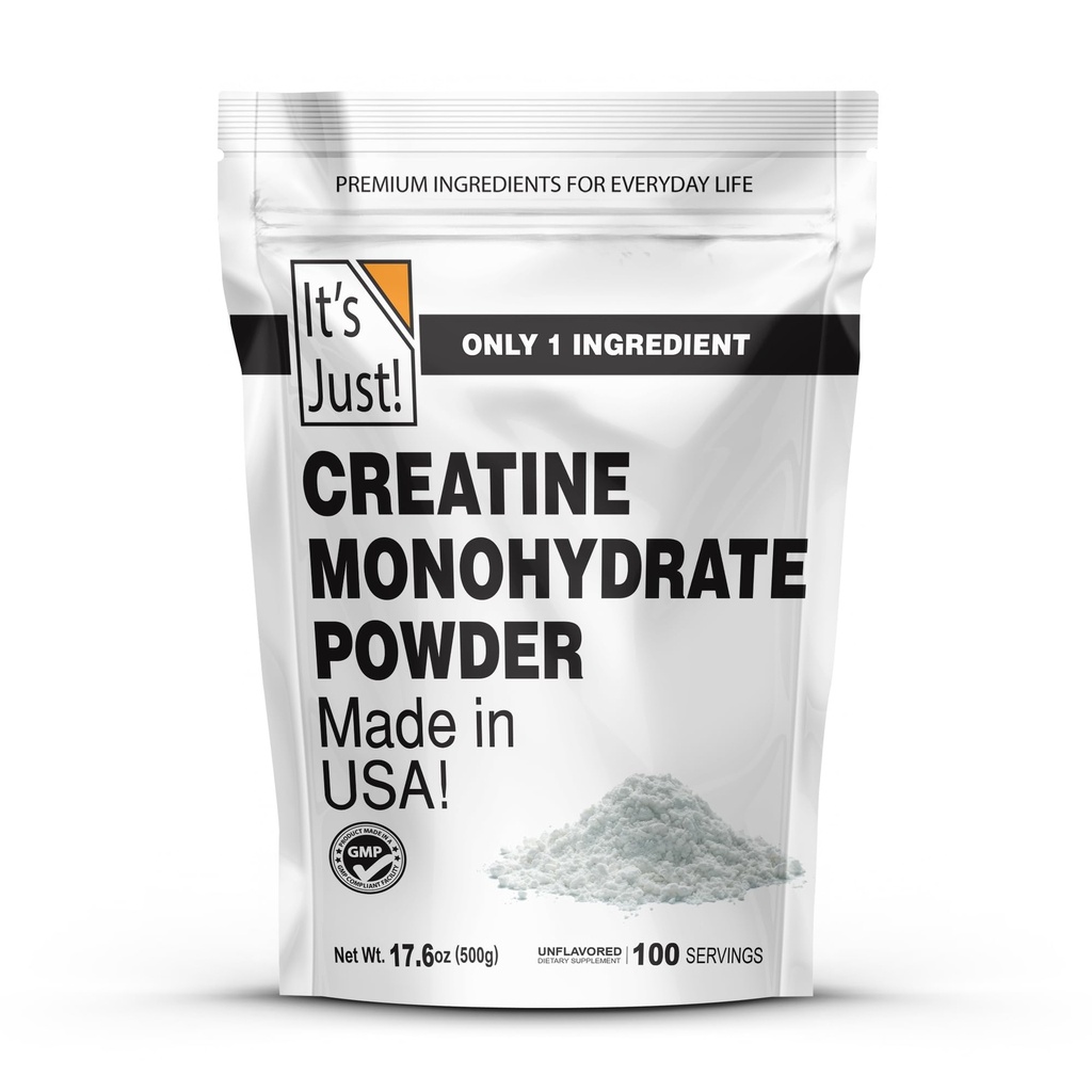 Det er bare! - Creatin monohydrat pulver, Pure Creatin pulver, Lavet i USA, 3. part Lab Testet, 5g Per Servering, Scoop Inkluderet, Ingen Fylder, Ingen Tilføjet Flavor (Unflavored, 500g / 100 Servering)