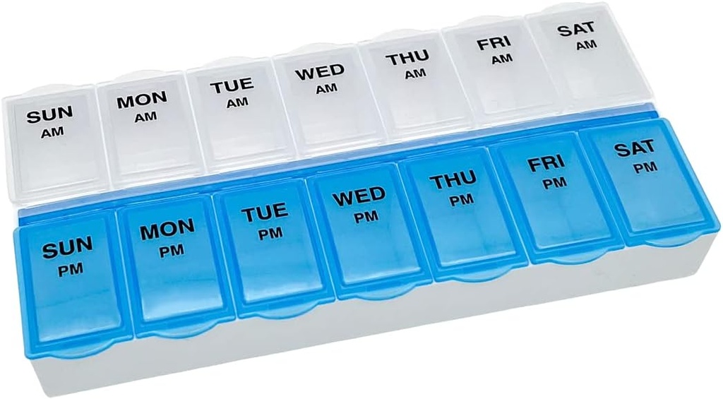 Grundlæggende pleje (7-dag) AM / PM Pill Organizer, Vitamin Case, og medicin Box, store afdelinger, 2 gange om dagen, blå og klare låg
