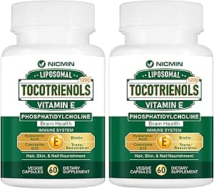 1200MG Vitamin E Tocotrienols Liposomal Tocotrienols Supplement with Phosphatidylcholine, 95% Delta-tocotrienols and 5% Gamma-tocotrienols, High Absorption for Heart, Brain Function 120 Capsules