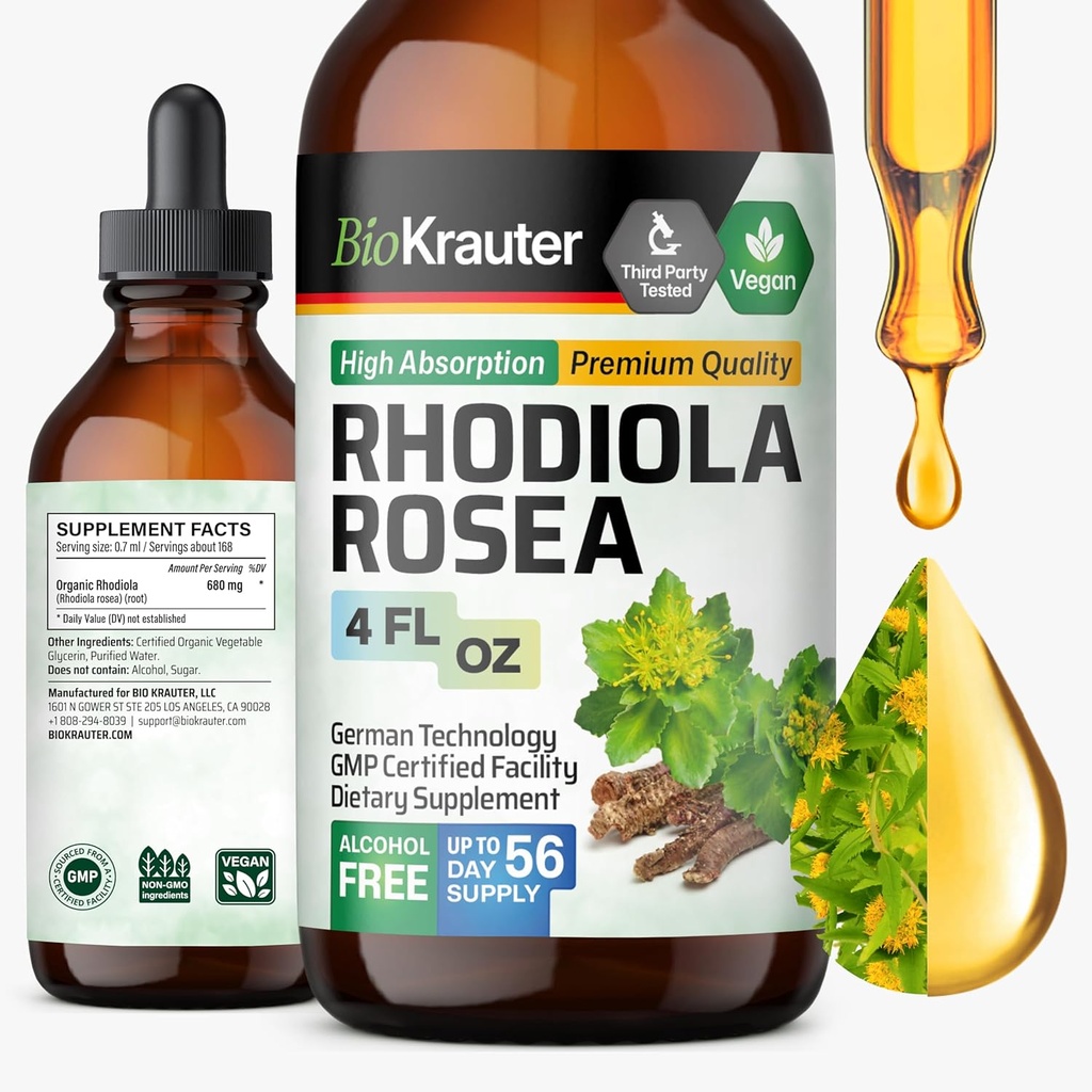 BIO KRAUTER Rhodiola Supplement Flydende - Pure Rhodiola Rosea tinktur til Calmness Support - Alkohol & Sukker Free Extract - 4 Fl.Oz.