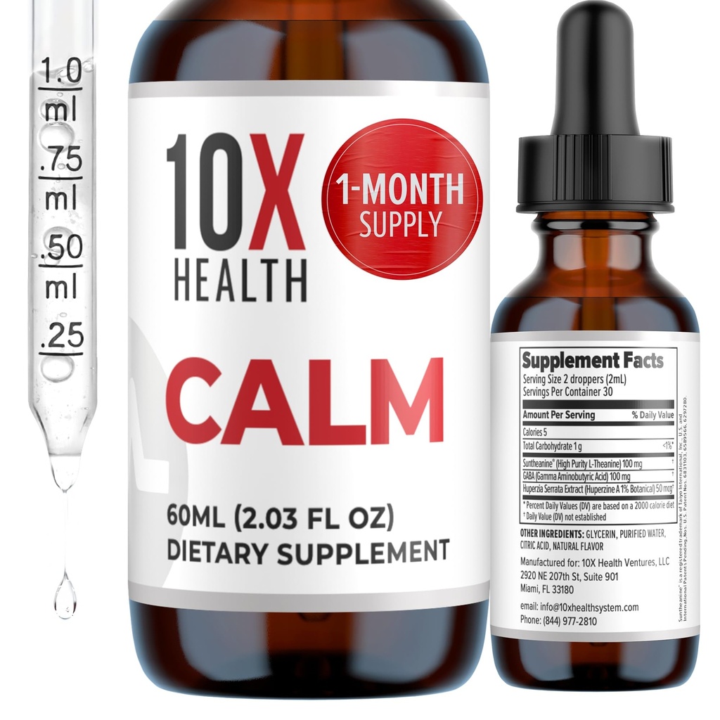10X sundhed rolig L Theanine supplement flydende dråber - 100mg L 'Theanine dråber & 100mg GABA kosttilskud til støtte nerver, rolig & stress - Natural Flavor 2.03 Fl oz.
