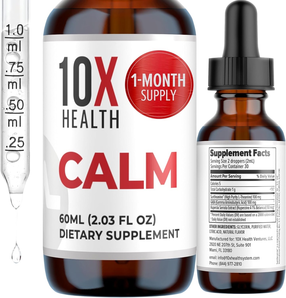 10X sundhed rolig L Theanine supplement flydende dråber - 100mg L 'Theanine dråber & 100mg GABA kosttilskud til støtte nerver, rolig & stress - Natural Flavor 2.03 Fl oz.